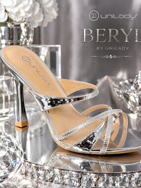 Unilady “Beryl” Metallic Silver Strappy Pointed Open-Toe Heels – New in Box